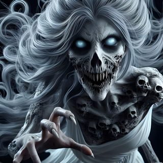 a woman with white hair and blue eyes is holding a creepy creature in her hands Halloween Monsters Evil Ghost, Gothic Horror Monsters, Creepy Monster, Scary Female Monsters, dark slate gray