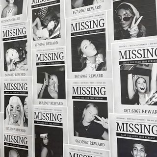 the wall is covered with many newspapers and pictures, including women's faces in black and white Missing Halloween Poster Mugshot Board Design, Halloween Thriller, Mystery Theme, silver