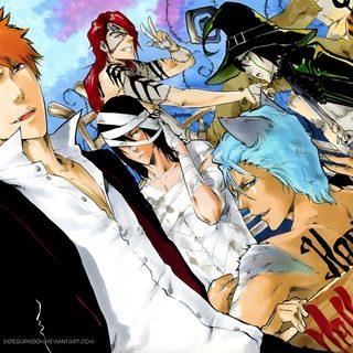 some anime characters are standing together Bleach Halloween Ichigo Halloween, Bleach Picture Stairs, Bleach Halloween, Bleach Group Art, gray