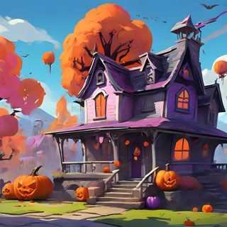 a house with pumpkins on the ground in front of it and trees around it Halloween Village For Pc Halloween Town Background, Halloween Environment, Halloween Town Concept Art, gray