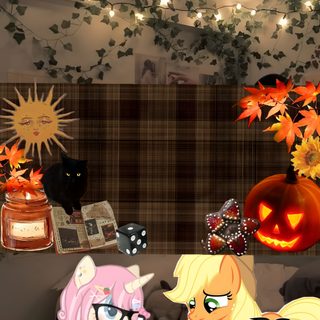 three ponies sitting on a couch with pumpkins in the background Halloween Pony dark olive green