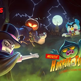 an animated halloween scene with cartoon characters in the background and text reading, moto's horror Brawl Stars Halloween Star Background, Fantasy Forest, Star Pictures, Cute Emoji, Screen, dark slate gray