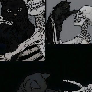 three different pictures of skeletons and cats with one cat sitting on the other's back Kitty Skeleton Halloween Cats black