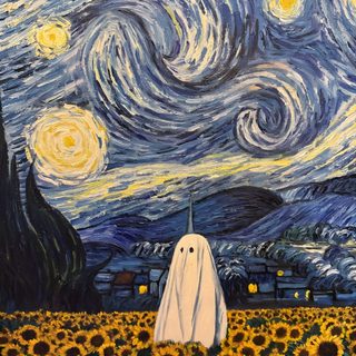 a painting of a ghost in a field of sunflowers under a starry night Van Gogh Halloween Starry Night Ghost, Van Gogh, Arte Van Gogh, Art Lessons, Starry Night, Phone, dim gray