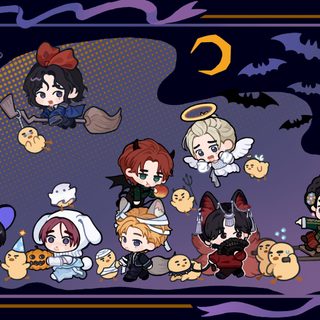 an image of many cartoon characters in halloween costumes Skz Halloween Laptop Toilet Bound Hanako Kun Halloween, Halloween Skzoo, Tbhk Halloween Art, dark slate gray