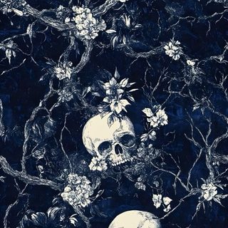 a bunch of skulls that are sitting in a tree with flowers on it's branches Navy Blue Halloween Buda, Mlg, 2000s, Dark Blue, Goth, Gothic,