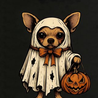 a chihuahua dressed up as a ghost holding a pumpkin Halloween Chihuahua Halloween Fun, Chihuahua Halloween Background, Halloween, black