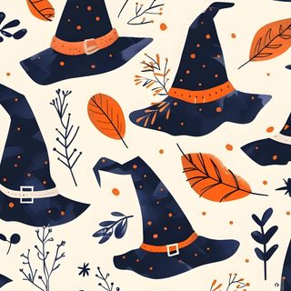 a pattern with witches hats and leaves on white background for wallpaper or wrapping paper Halloween Witch Hat Witch Hat Pattern, Spooky Witch Pattern, Witch Patterns, Halloween Witchy Pattern, linen