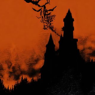 the silhouette of a castle against an orange sky with bats flying over it and trees Vintage Halloween Orange saddle brown