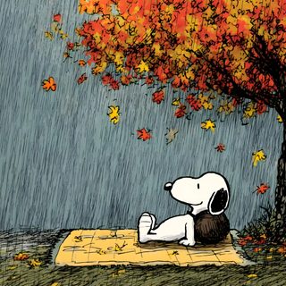 a cartoon dog sitting under a tree in the rain Snoopy Halloween Macbook Fall Desktop Backgrounds, Halloween Desktop, Fall Color Trees, dim gray