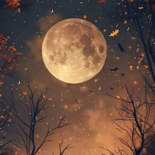 the full moon shines brightly in the night sky above trees with leaves on them Moon Halloween Harvest Moon Ideas, Harvest Moon Phone, November Moon, October Moon, dark slate gray