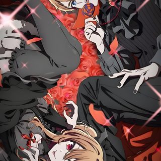 an anime scene with two people talking on their cell phones and one person holding the phone up to her ear Oshi No Ko Halloween Ruby, Aqua Ruby, Aqua And Ruby, Aqua And Ruby Hoshino, dark slate gray