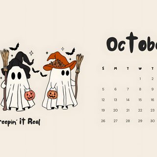 the calendar for october is decorated with cute cartoon ghostes and pumpkins, all in white October 2025 Calendar Halloween October 2025 Computer Background, Cute October Desktop, October 2025 Macbook, antique white
