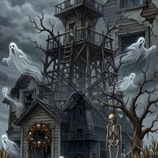 a halloween scene with pumpkins and ghost in front of a house on a spooky night Old Scary Horror Halloween dark slate gray