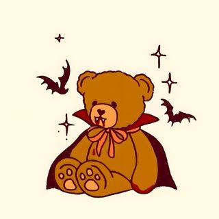 a brown teddy bear sitting on top of a pillow with bats coming out of it Teddy Bear Halloween Cartoon Teddy Bear With Vampire Cape, Cute Spooky Bear Art, Halloween Decoration Ideas, old lace