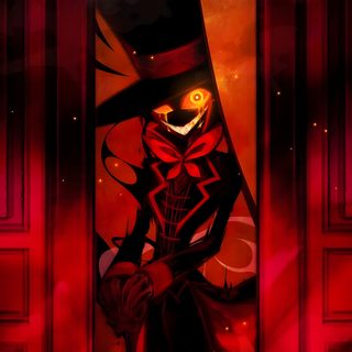 a painting of a skeleton in a top hat and coat with a red light behind it Halloween Hazbin Hotel Hazbin Hotel Cool, Alastor Cool, Black Hat Hazbin Hotel, Cool Hazbin Hotel, maroon