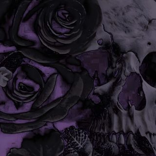 a black and purple wallpaper with skulls, roses and leaves in the center is an image of a human skull Halloween Skull Purple Custom My Computer, Desk Top, Gothic Aesthetic Laptop, black