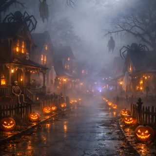 an image of a halloween scene with pumpkins on the street Spooky Halloween Street dark slate gray