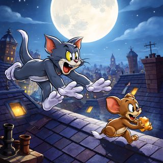 an image of a cartoon cat and mouse playing on the roof at night with full moon in background Tom And Jerry Halloween Tom N Jerry, Tom And Jerry Pictures, Old Tom And Jerry, Tom And Jerry, dark slate gray
