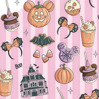 halloween themed wallpaper with pumpkins, bats and other things on it's pink background Disney Halloween Iphone Halloween Iphone Backgrounds, Disney Canvas Art, Disney Themed Outfits, pink