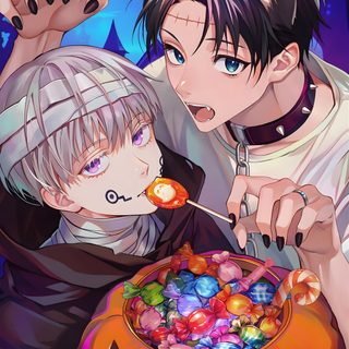 two anime characters eating candy from a bowl Jujutsu Kaisen Halloween Inumaki Halloween, Tojis Wife Fanart, Jjk Halloween Background, gray