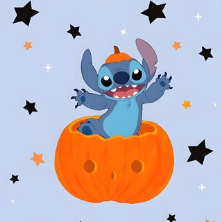 stitchy the stitcher sitting on top of a pumpkin with stars in the background Preppy Stitch Halloween Pumpkin, Iphone Background Disney, Halloween Iphone Backgrounds, powder blue