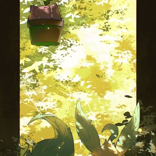 an anime scene with a boat floating in the water and plants growing on the ground Leafeon Halloween Anime Character In Nature, Green Anime Art, Nature-inspired Digital Art,