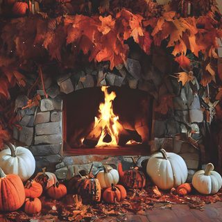 a fireplace with lots of pumpkins around it Halloween Fireplace Autumn Fireplace Background, Cozy Autumn Fireplace Setting, Cozy Autumn Fireplace Setup, dark slate gray