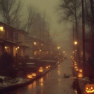 the street is lined with lighted pumpkins in the snow and on all sides are houses Halloweentown Aesthetic Halloween In New England, Halloween Spooky Aesthetic, Spooky Home Aesthetic, dark olive green