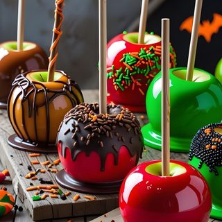 halloween candy apples with sprinkles and candies on wooden boards in front of decorations Halloween Food Candy Apple Halloween, Candy Apples For Halloween, Candy Apple Recipe Halloween, dark olive green