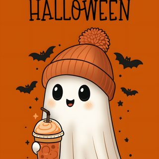 a happy halloween card with a ghost holding a drink and wearing a knitted hat Happy Halloween Spirit Halloween Cute Halloween Pictures, Black And Blue, Halloween Iphone, chocolate