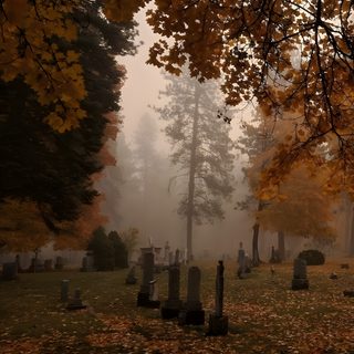 foggy graveyard with headstones in the foreground and autumn leaves on the ground Grunge Halloween Aesthetic Dark Autumn, Fall Mood Board, Season Of The Witch, Big Bang, saddle brown