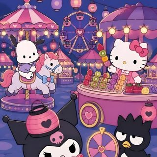 some cartoon characters are standing in front of an amusement park with lights and animals on it Hello Kitty And Friends Halloween dark slate blue