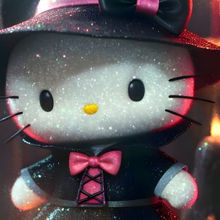 the hello kitty doll is wearing a witches hat Halloween With Hello Kitty In A Hat Hello Kitty 4k Halloween, Cute Hello Kitty Halloween Gif, Halloween Kitty, dark slate gray