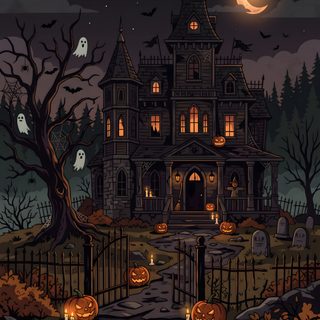 a creepy house with pumpkins in the yard Halloween Mansion Halloween Decoration Ideas, Full Moon Haunted Mansion, Halloween Spooky Scene, black