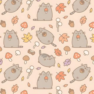 an animal pattern is shown on a beige background with leaves and mushrooms in the foreground Aesthetic Halloween Pusheen Pusheen Fall Computer Background, Halloween Pusheen, Pusheen Thanksgiving, antique white
