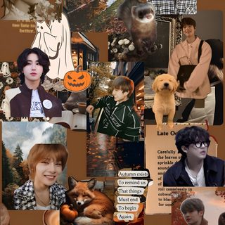 a collage of people and animals in the fall with pumpkins, leaves, trees, and other things Skz Halloween Fall Kpop, Stray Kids Thanksgiving, Stray Kids Fall, Thanksgiving Background, saddle brown