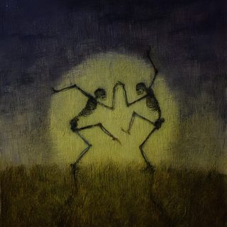 two skeletons dancing in front of a full moon Halloween Dancing Skeleton Dancing Under Moonlight, Art For Playlist Cover, Dark Whimsy Background, dark slate gray