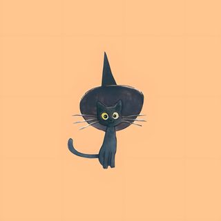 a black cat wearing a witches hat on top of an orange background with the words happy halloween written below it Silly Halloween Small Halloween, Simple Halloween Phone, Aesthetic Halloween Black Cat, burlywood