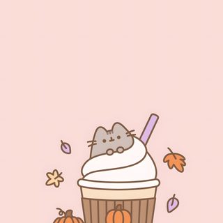 an image of a cupcake with a cat on top and pumpkins around it Halloween Pusheen Halloween Iphone Backgrounds, Adorable Home Game, Pusheen Cute, misty rose