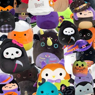 a bunch of stuffed animals that are all different colors and sizes, including one with a hat Cute Halloween Squishmallow Halloween, dim gray