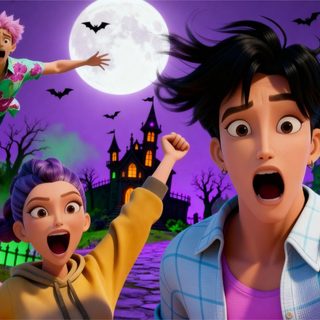 an animated image of two children in front of a halloween scene Saja Boys Halloween Face Off, Boy Squad, Halloween Boys, Haunted Mansion, Demon Hunter, dim gray