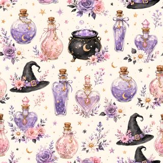 a watercolor pattern with purple and pink bottles filled with witch's hats, stars, and flowers Halloween Magic Potions Light Greysmall Charmed Background, Halloween Backgrounds, Halloween Series, seashell