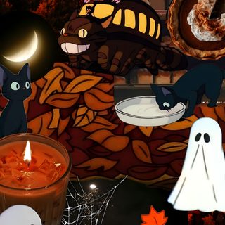 an animated halloween scene with pumpkins, ghostes and other items in the background Studio Ghibli Halloween Halloween, Studio Ghibli, Studio Ghibli Halloween Background, Studio, black