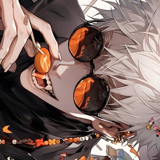 an anime character with glasses and oranges on his face is surrounded by other characters Jujustu Kaisen Halloween 4k Satoru Gojo Desktop, Jujutsu Kaisen Halloween, Sukuna Halloween, Zombie Gojo, gray