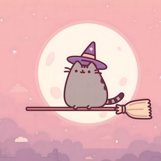 a cartoon cat sitting on top of a broom Halloween Pusheen Pusheen Ipad, Desktop Pusheen Halloween, Pusheen Autumn Desktop, light pink
