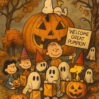 a painting of peanuts and jack - o'- lanterns with a sign that says welcome to great pumpkin Peanuts Halloween With Pumpkins Vintage Halloween Images, Snoopy Great Pumpkin, Charlie Brown, sienna