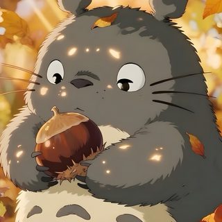 a cartoon character holding an acorn in the leaves Totoro Halloween Totoro Art, Ghibli Artwork, Witchy, Pola Amigurumi, Cartoon Painting, sienna