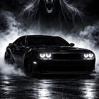 a black and white photo of a car in the fog with a demon face on it Halloween Hellcat Hellcat Demon 170, Challenger Demon, Dodge Challenger Srt Demon, Dodge Charger, black