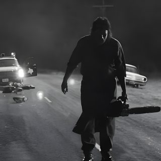 a man holding a chainsaw on the side of a road Halloween 2007 Jason Voorhees Gifs, Thomas Hewitt Icons, Leather Face, Thomas Hewitt 2003, dark slate gray